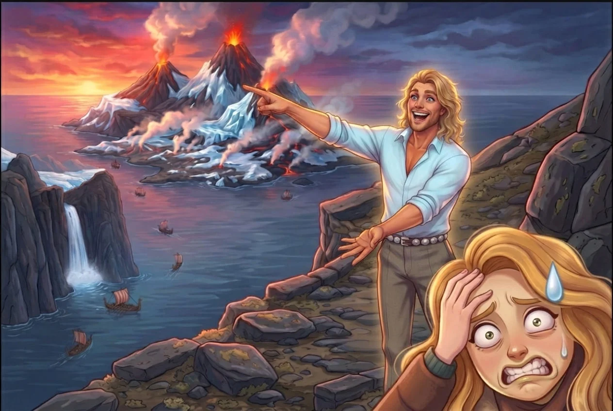 Chapitre 20 du roman Le Hamac et les Colibris, étape du voyage vers le Nord Ultima : fjord volcan effrayee.