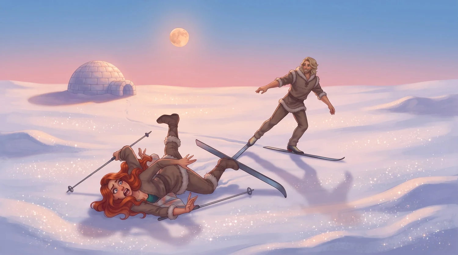 Chapitre 20 du roman Le Hamac et les Colibris, étape du voyage vers le Nord Ultima : elle ne sait pas skier.