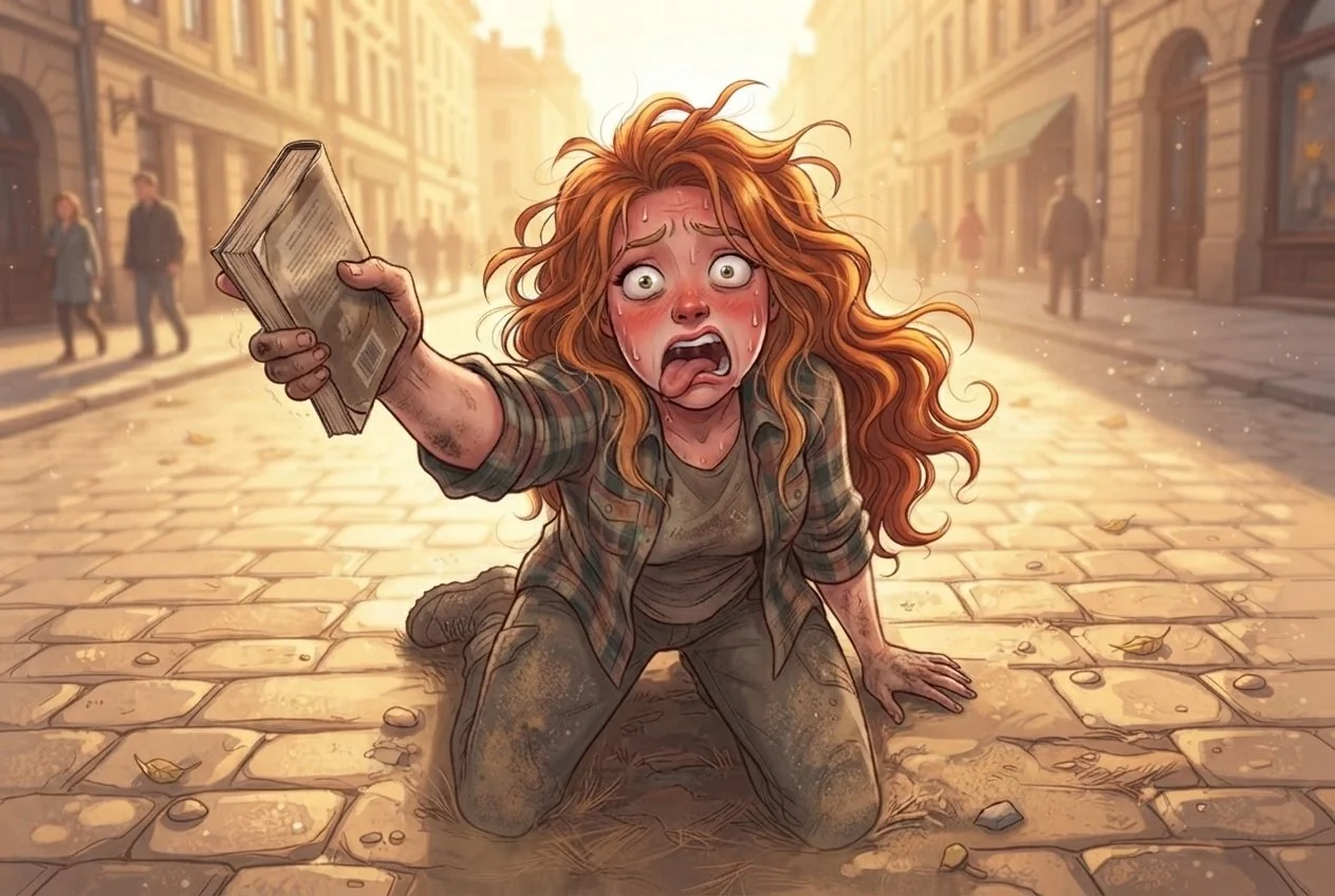 Chapitre 1 du roman Le Hamac et les Colibris : Coraline, longs cheveux auburn ébouriffés et grands yeux verts écarquillés, s'effondre à genoux sur les pavés d'une rue du Sud, rouge et hors d'haleine, et tend son livre à bout de bras comme une dernière volonté.