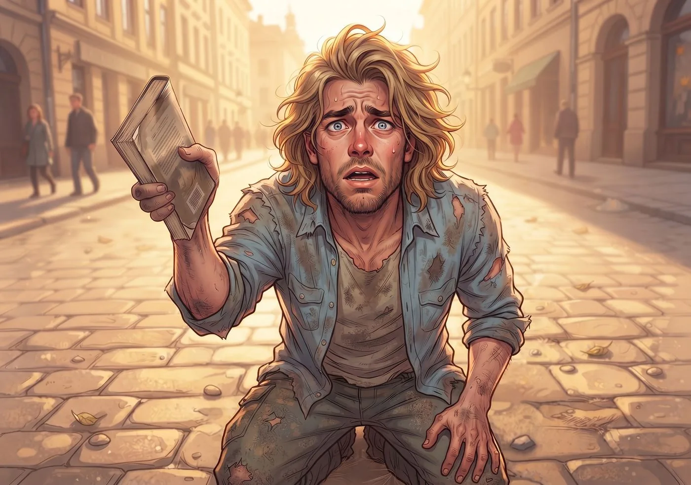 Chapitre 1 du roman Le Hamac et les Colibris : le Viking, grand homme blond aux cheveux ondulés, à genoux sur les pavés d'une rue ensoleillée, vêtements déchirés, le visage terrifié, tend le livre à bout de bras — la scène exacte qu'il venait de raconter, mais inversée.