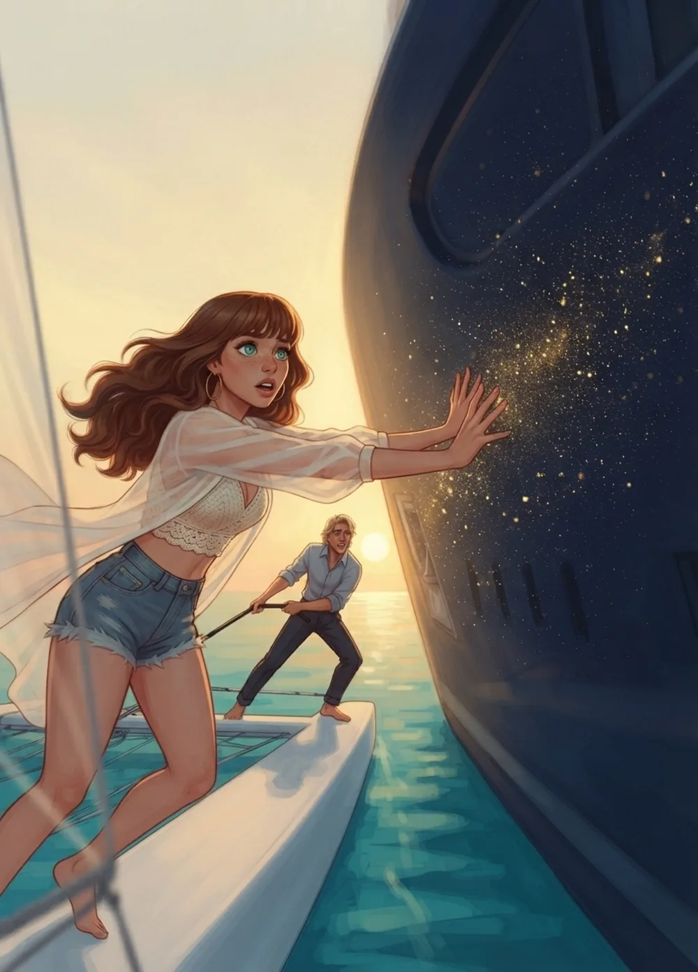 Chapitre 5 du roman Le Hamac et les Colibris : Coraline, longs cheveux auburn au vent, tend les deux bras contre la coque bleu nuit d’un yacht immense constellée de paillettes dorées, debout sur le flotteur du petit catamaran, tandis que le Viking tient la barre derrière elle au soleil couchant.