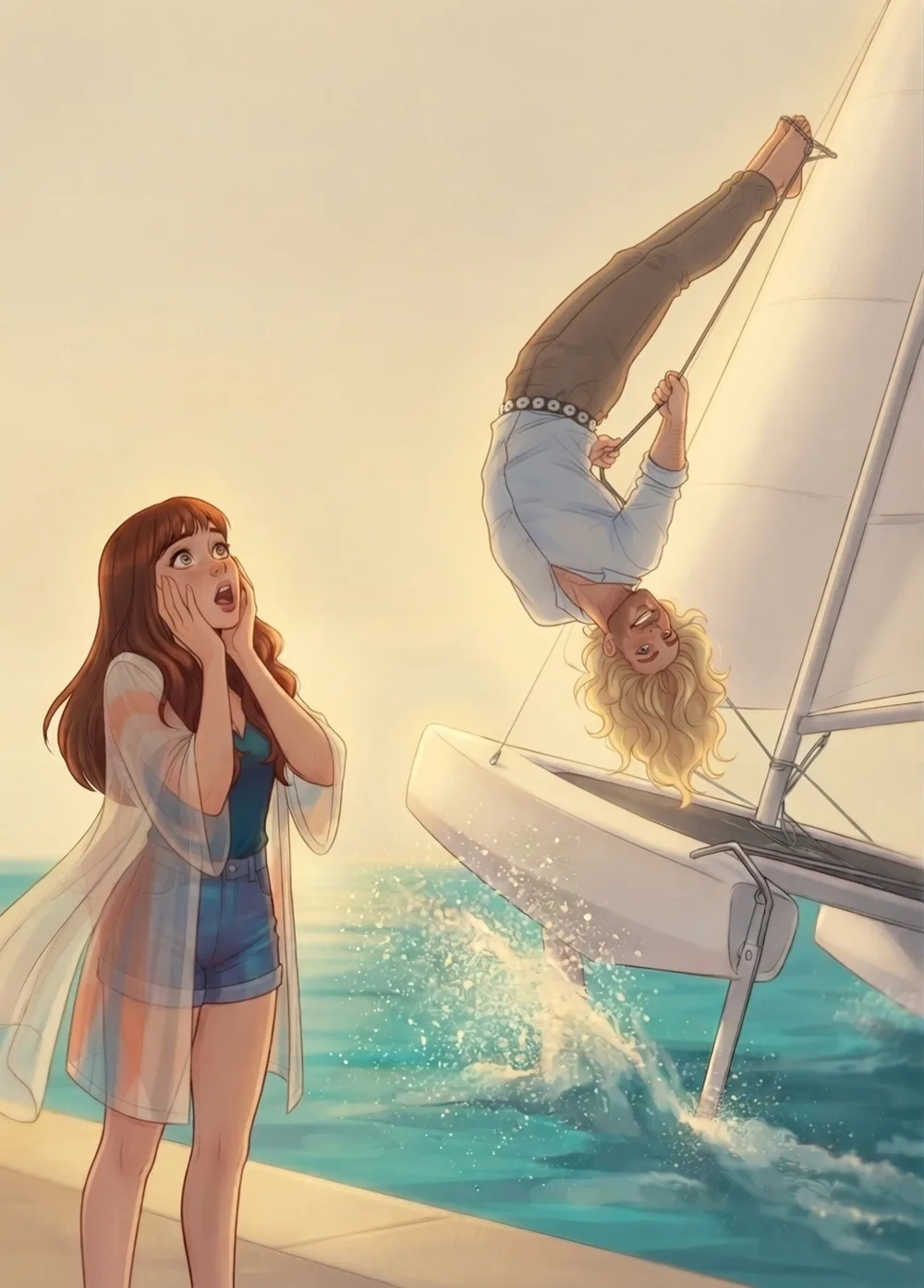 Chapitre 5 du roman Le Hamac et les Colibris : le Viking, grand homme blond, se tient la tête en bas suspendu au gréement de son petit catamaran dressé sur un flotteur, souriant et parfaitement à l’aise, tandis que Coraline le regarde depuis le quai, les mains sur les joues, stupéfaite.