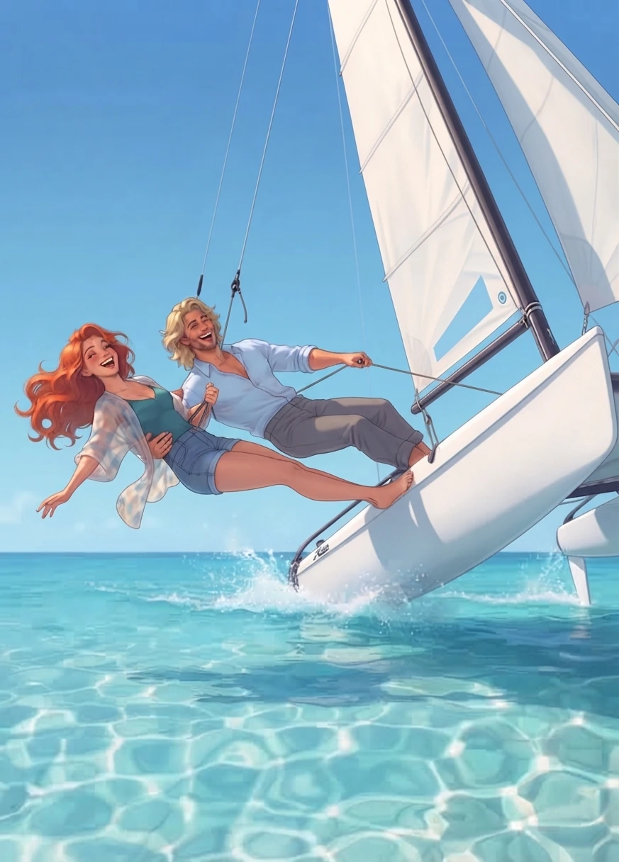 Chapitre 5 du roman Le Hamac et les Colibris : Coraline aux longs cheveux auburn et le Viking, grand homme blond, rient suspendus au bout de rappel au-dessus de l’eau turquoise, le petit catamaran dressé sur un seul flotteur sous un ciel bleu.