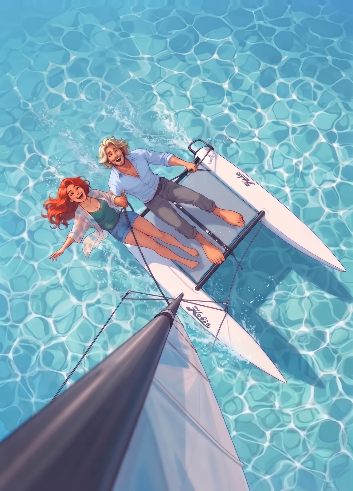 Chapitre 5 du roman Le Hamac et les Colibris : vue plongeante depuis le mât, Coraline aux longs cheveux auburn et le Viking, grand homme blond, rient allongés sur le trampoline du petit catamaran qui file sur l’eau turquoise, la voile penchée au-dessus d’eux.