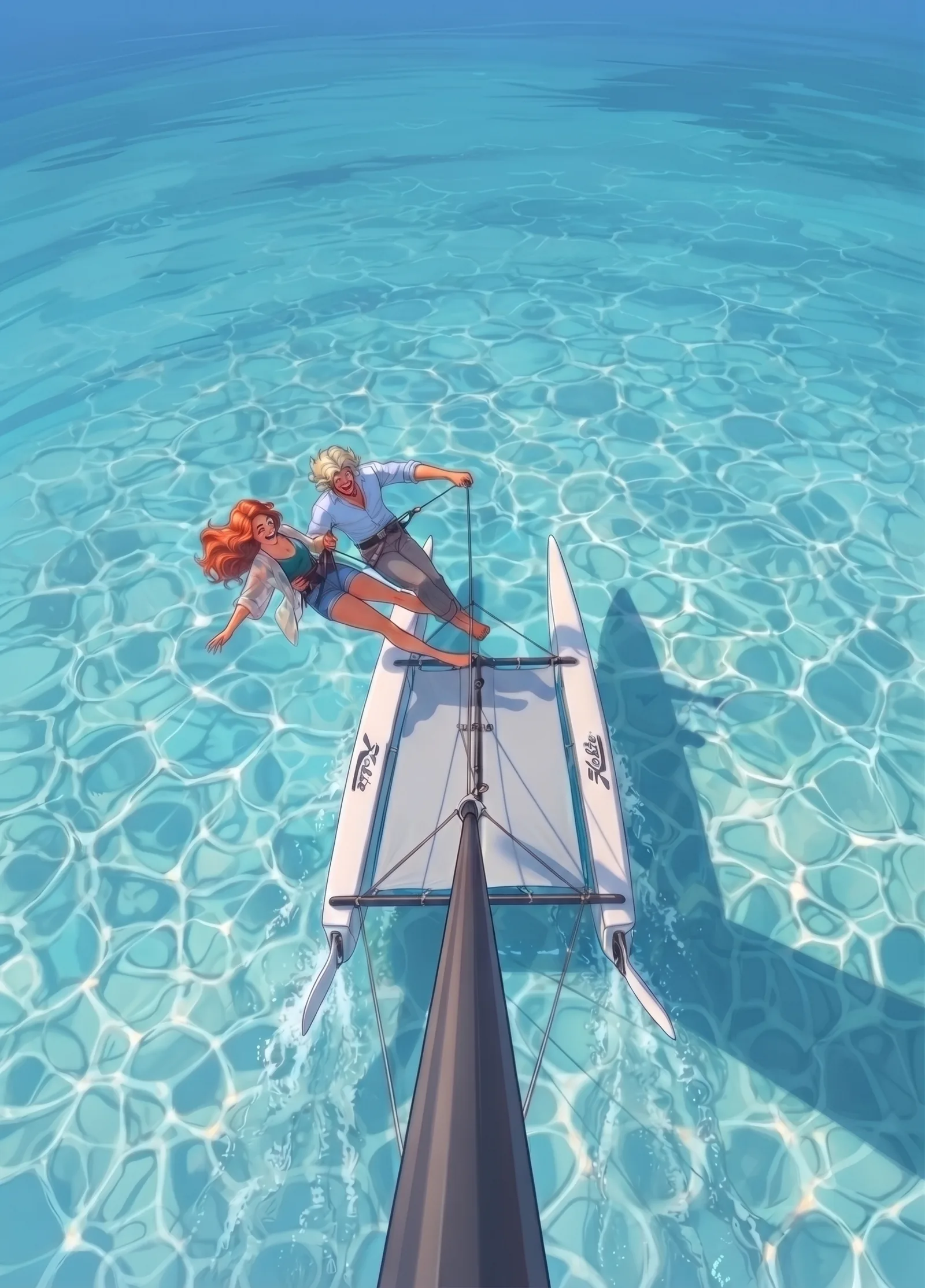 Chapitre 5 du roman Le Hamac et les Colibris : le petit catamaran vu du haut du mât, incliné sur un seul flotteur, file sur l’eau turquoise et laisse une trace d’écume blanche derrière lui.