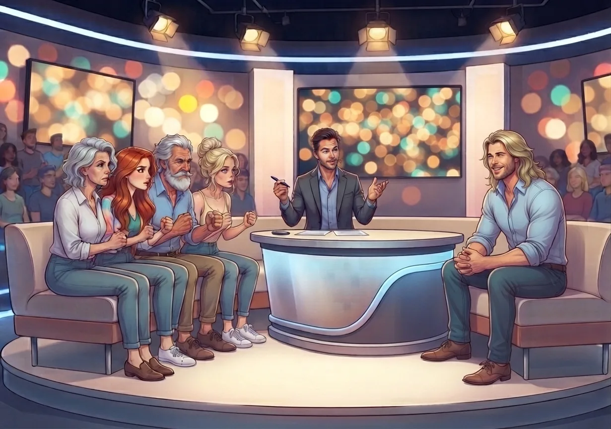 Chapitre 6 du roman Le Hamac et les Colibris : sur le plateau de télévision, la famille Solemare assise en rang face au journaliste — Renata, Coraline, Jean et sa sœur, poings serrés — pendant que le Viking attend seul sur le canapé d'en face.