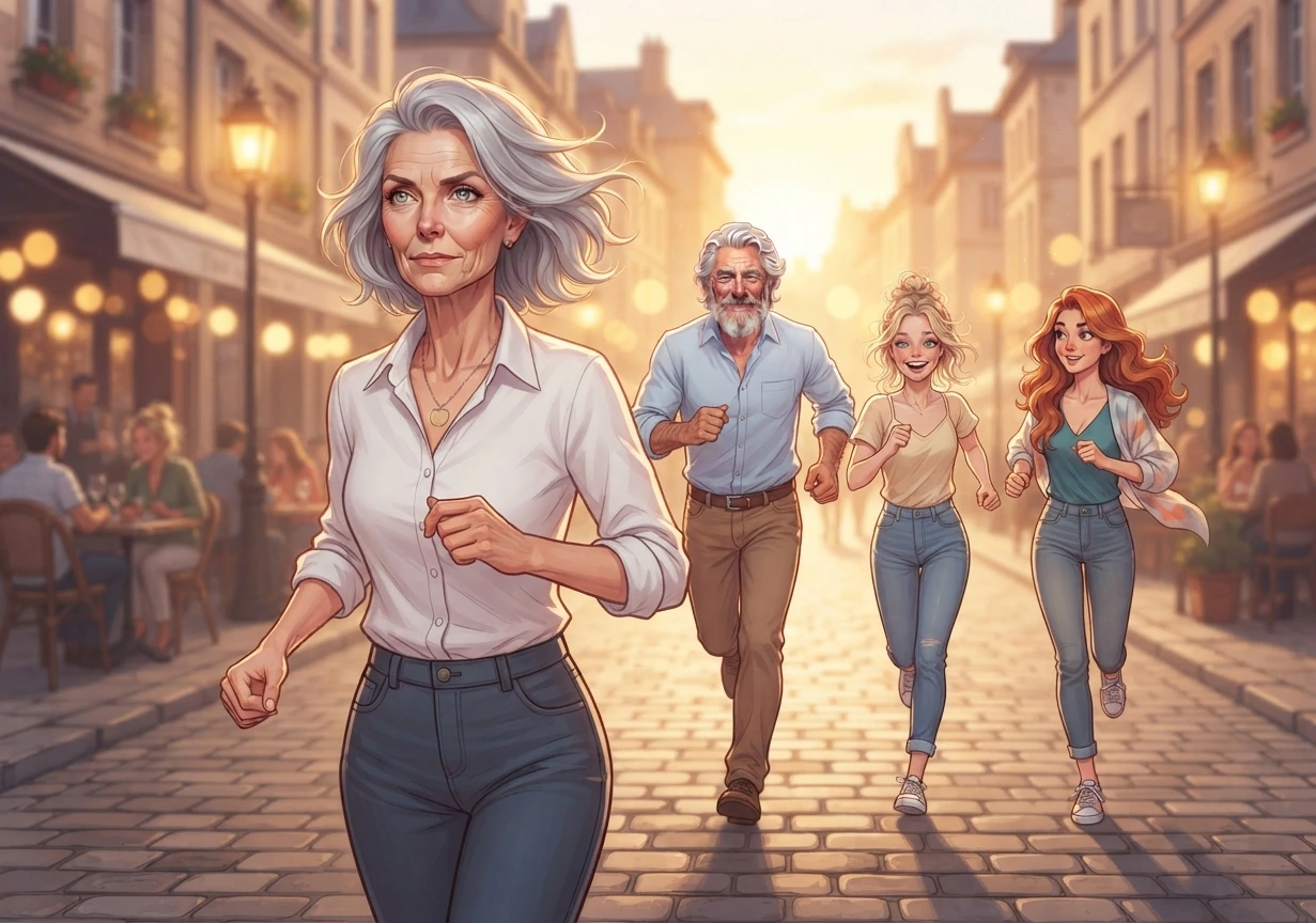 Chapitre 6 du roman Le Hamac et les Colibris : Renata, cheveux gris et chemisier blanc, marche loin devant dans une rue pavée au soleil couchant, tandis que Jean et ses 2 filles courent derrière elle pour la rattraper.