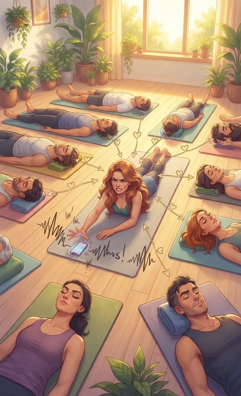 Chapitre 7 du roman Le Hamac et les Colibris : dans une salle de yoga baignee de lumiere doree, une douzaine d'adultes allonges en relaxation gardent les yeux fermes pendant que Coraline, aux longs cheveux auburn, grimace en tendant la main vers son telephone qui sonne ; des fleches a pointe de coeur convergent vers elle.