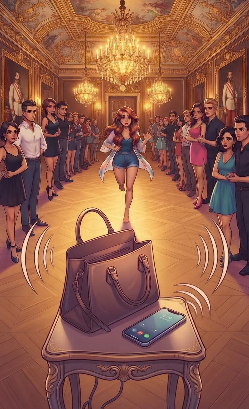 Chapitre 7 du roman Le Hamac et les Colibris : dans une immense salle de bal doree aux lustres de cristal, Coraline aux longs cheveux auburn traverse la piste pieds nus, la main levee en signe d'excuse, sous le regard de deux rangees de danseurs immobiles ; au premier plan, son sac pose sur un gueridon et son telephone qui vibre.