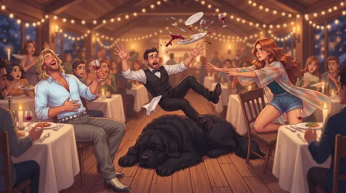 Dans un restaurant de montagne un soir de fête, un serveur trébuche sur l'énorme chien noir couché en travers de l'allée : son plateau part en vol, Coraline bondit les bras tendus pour le rattraper, et l'homme blond rit aux éclats sans bouger de sa chaise — Le Hamac et les Colibris, fiche pratique Son “nous” n'existe pas