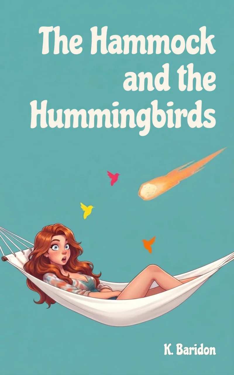 Cover of the novel The Hammock and the Hummingbirds (Le Hamac et les Colibris), by Karine Baridon: a red-haired woman lying in a white hammock on a turquoise background, three colourful hummingbirds above her, a comet crossing the sky