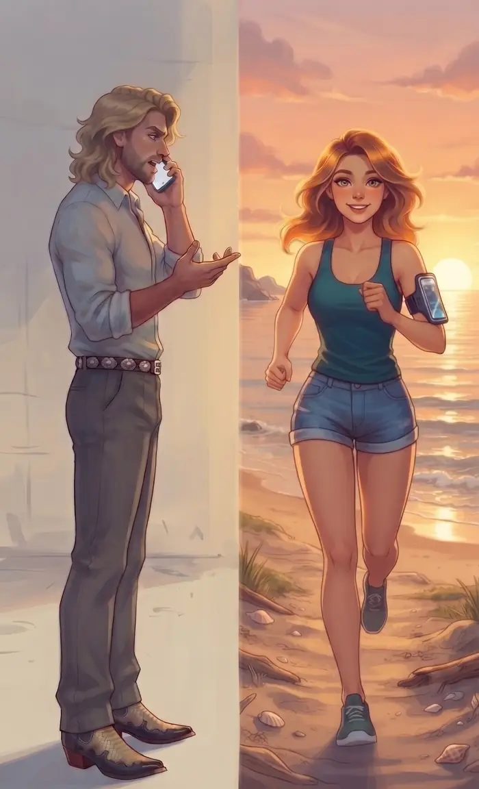L'homme blond, seul dans une lumière froide, parle encore au téléphone la main levée, pendant que Coraline court déjà sur la plage dans le soleil couchant — Le Hamac et les Colibris, fiche pratique Comment ne pas céder quand l'autre insiste