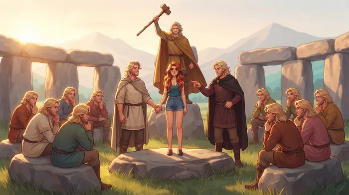 Coraline, seule et rousse en tenue d'aujourd'hui, debout sur une pierre plate au centre d'un cercle de menhirs à l'heure dorée : autour d'elle, quinze fois le même homme blond en tunique joue le juge, l'avocat, l'accusateur et tout le conseil — Le Hamac et les Colibris, fiche pratique Quitte la salle
