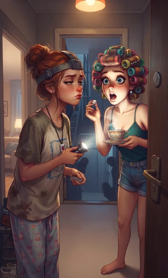 Coraline ouvre sa porte en bigoudis, une tasse de thé à la main, les yeux ronds d'étonnement, face à sa sœur qui débarque lampe frontale sur la tête, torche allumée et talkie-walkie à la main, l'air bouder — Le Hamac et les Colibris, fiche pratique Reprends ta place d'adulte