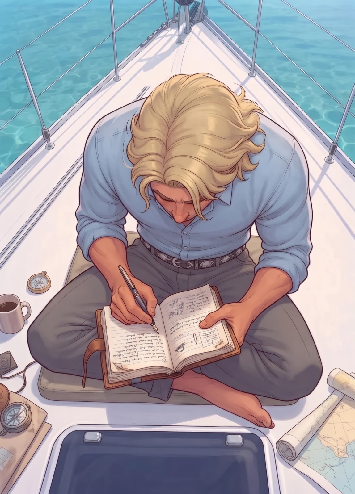 Assis en tailleur sur le pont du bateau, l'homme blond écrit au stylo plume dans un carnet, une boussole, un café et des cartes marines posés autour de lui
