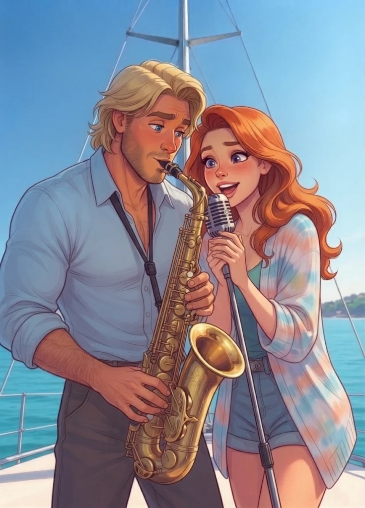Sur le pont du bateau, l'homme blond joue du saxophone pendant que Coraline Solemare chante au micro