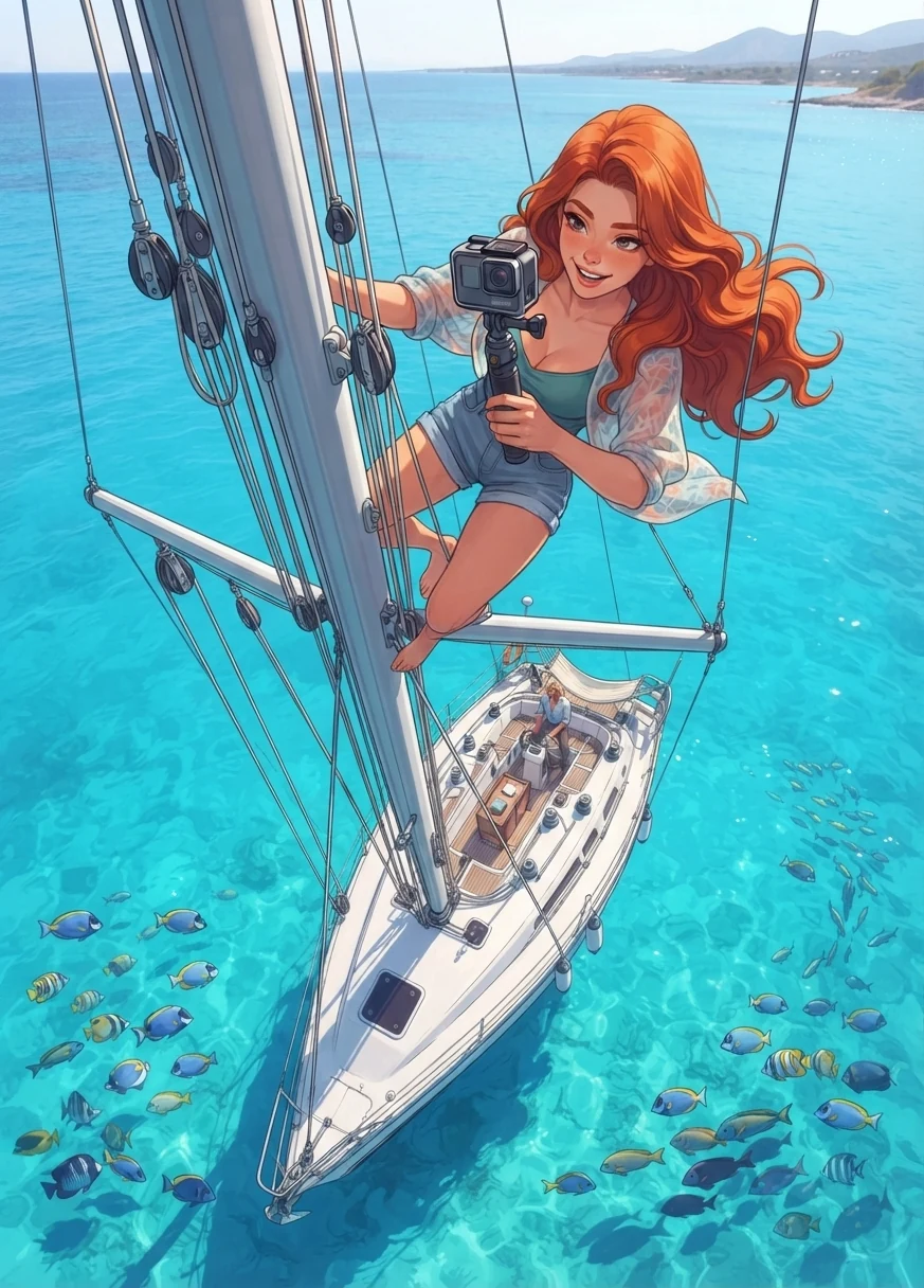 Coraline Solemare, accrochée en haut du mât, filme avec une petite caméra le bateau et l'homme blond, au-dessus d'une eau turquoise pleine de poissons