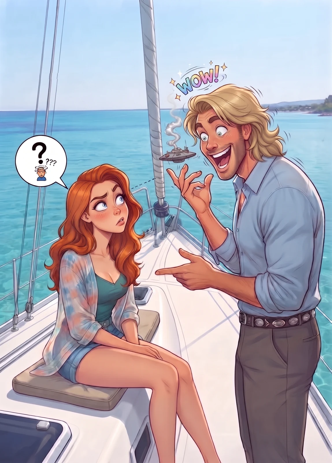 Sur le pont du bateau, l'homme blond parle avec enthousiasme dans sa langue et Coraline Solemare, assise, ne comprend rien — un point d'interrogation flotte au-dessus d'elle