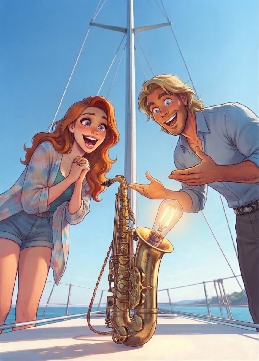 Coraline Solemare et l'homme blond, émerveillés, découvrent une ampoule allumée qui sort du pavillon d'un saxophone posé sur le pont du bateau