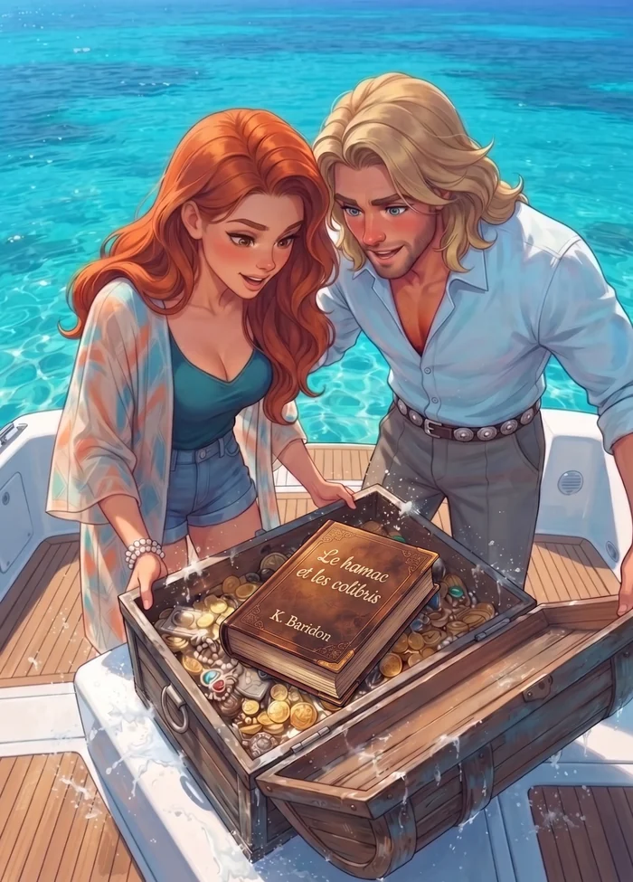 Coraline et Le Viking ouvrent un coffre au trésor sur le pont du bateau : à l'intérieur, parmi les pièces d'or, le roman Le Hamac et les Colibris