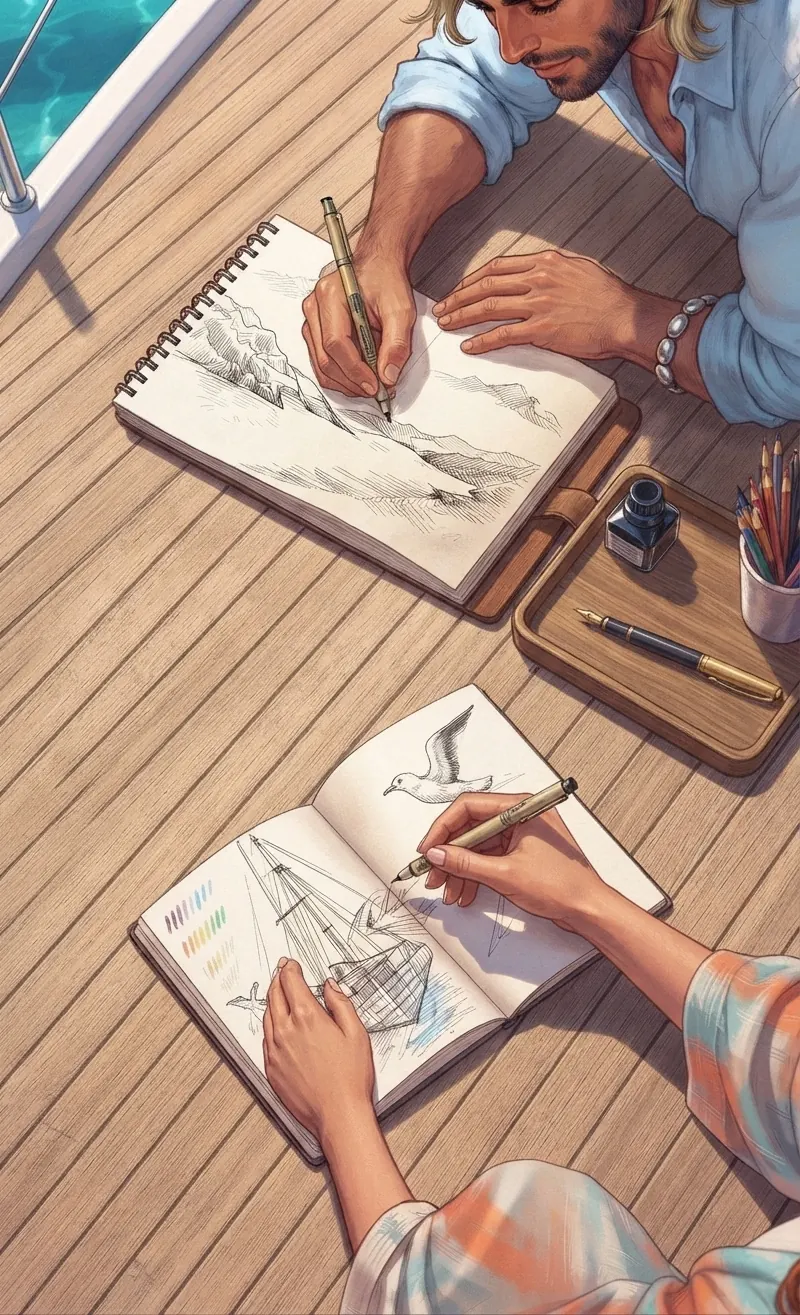 Coraline Solemare et l'homme blond, allongés sur le pont d'un bateau, dessinent chacun dans un carnet — des montagnes pour lui, un voilier et une mouette pour elle