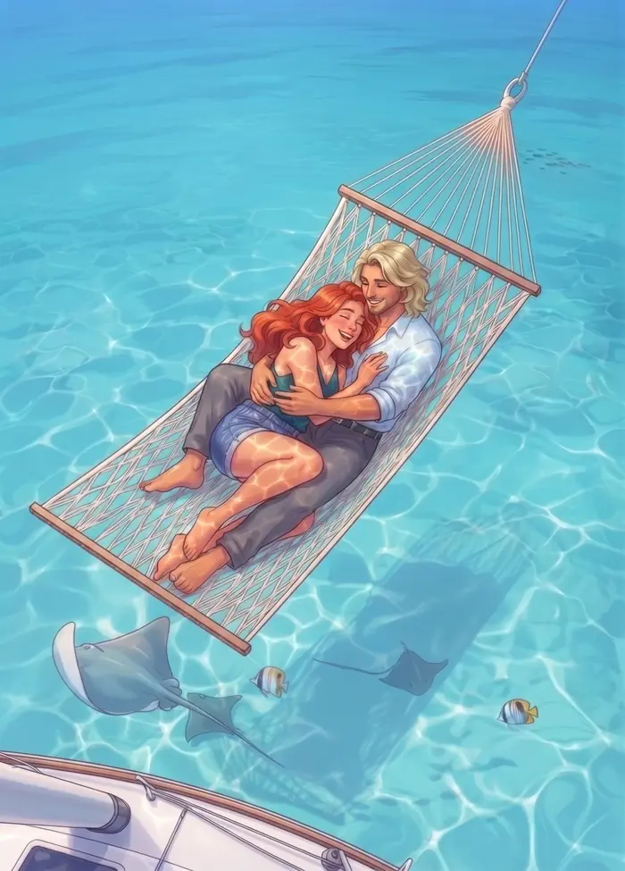 Coraline Solemare et l'homme blond, enlacés dans un hamac tendu au-dessus de l'eau turquoise, des raies glissent dessous