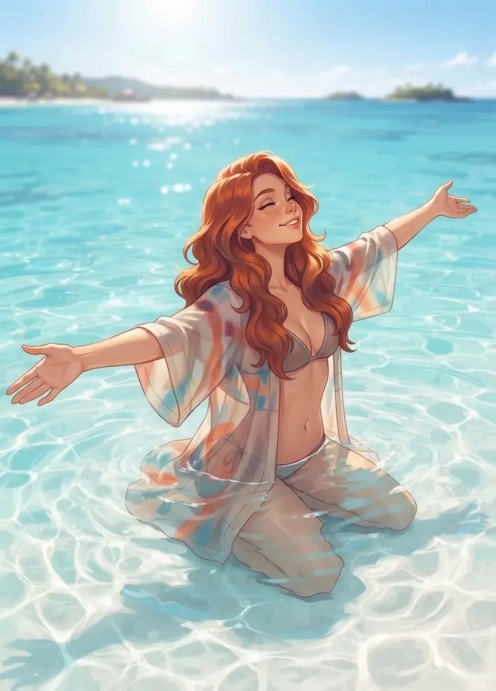 Coraline Solemare, agenouillée dans l'eau turquoise, ouvre grand les bras au soleil