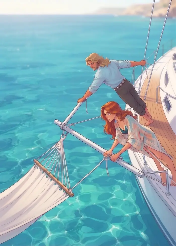 Coraline et le viking accrochent le hamac au bout dehors — image du site Le Hamac et les Colibris.