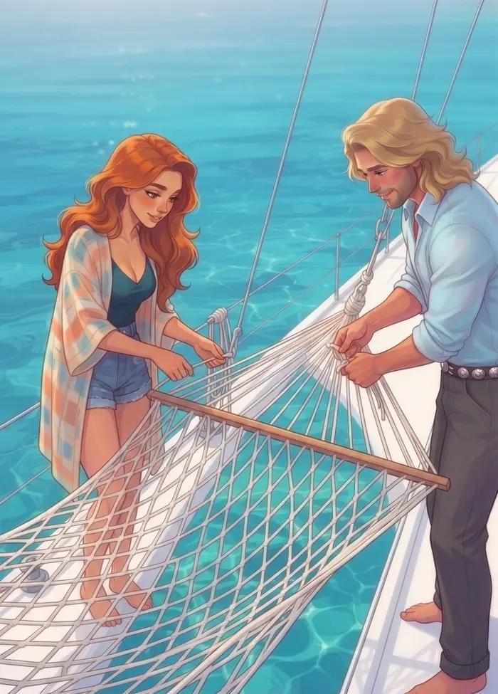 Coraline et le viking installent le hamac — image du site Le Hamac et les Colibris.