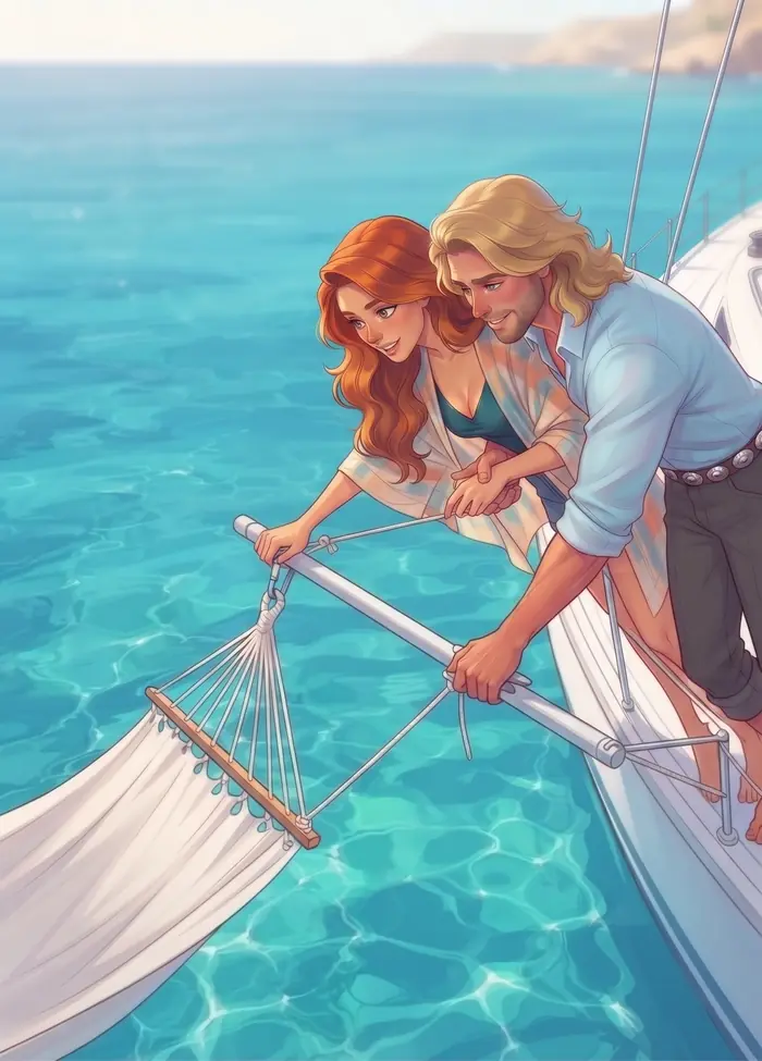 Coraline et le viking tendent le hamac vers l eau — image du site Le Hamac et les Colibris.