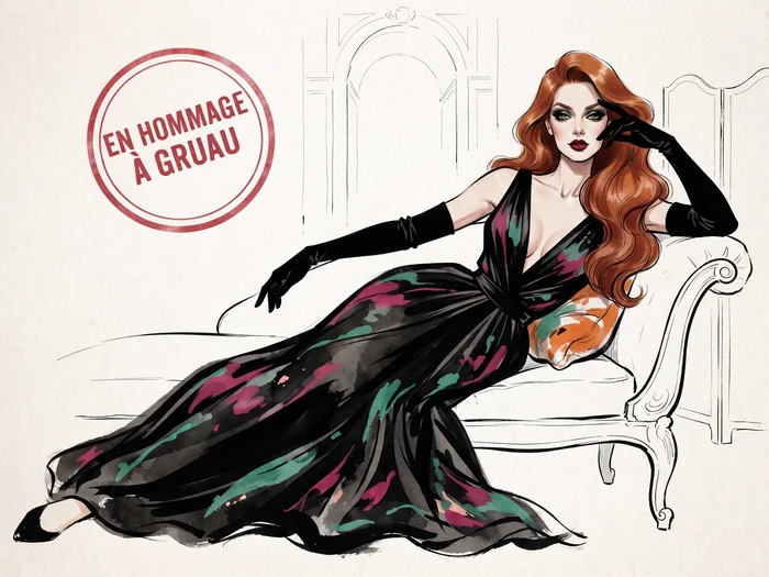 En hommage à René Gruau : Coraline allongée sur une méridienne, robe noire éclaboussée de vert et de rose, longs gants noirs.