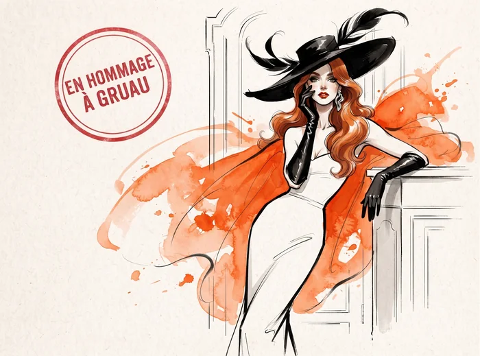 En hommage à René Gruau : Coraline en robe blanche et manteau orange, grand chapeau noir à plumes et longs gants noirs, accoudée à une cheminée.