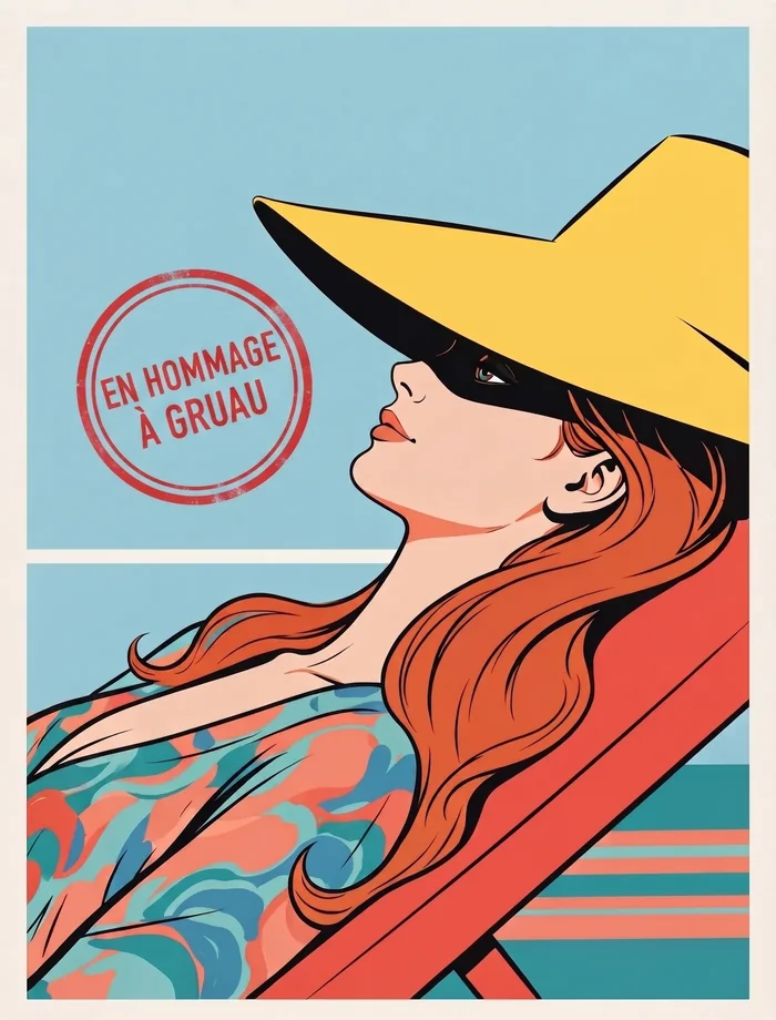 En hommage à René Gruau : Coraline allongée sur un transat rouge, grand chapeau jaune sur les yeux, en aplats de couleur.