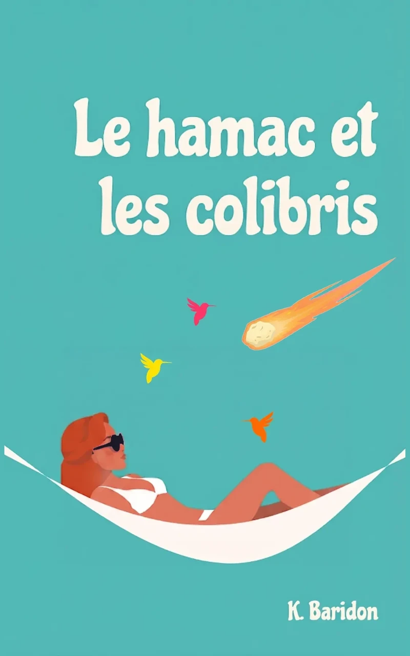Couverture du roman Le Hamac et les Colibris, de Karine Baridon — une femme rousse allongée dans un hamac blanc sur fond turquoise, trois colibris de couleur au-dessus d'elle, et une comète traverse le ciel