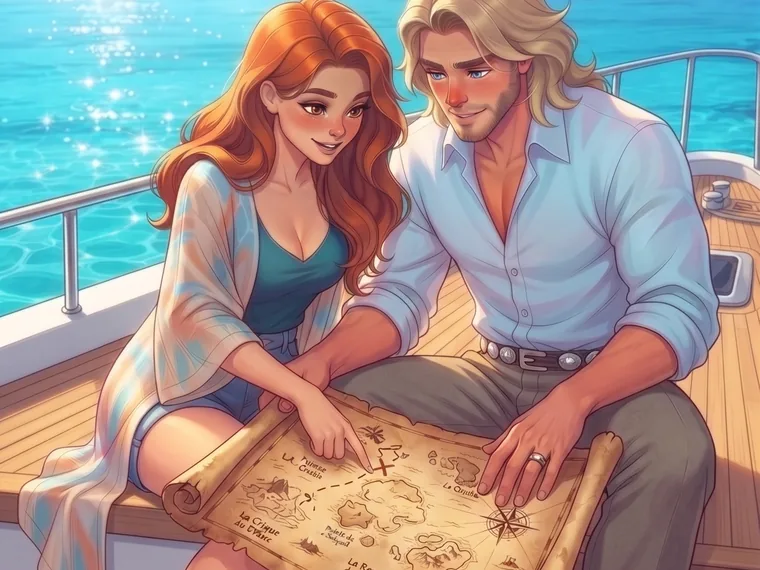 Coraline Solemare et le Viking, debout sur le pont du bateau du Hamac et les Colibris, lisent ensemble un vieux parchemin devant une mer turquoise