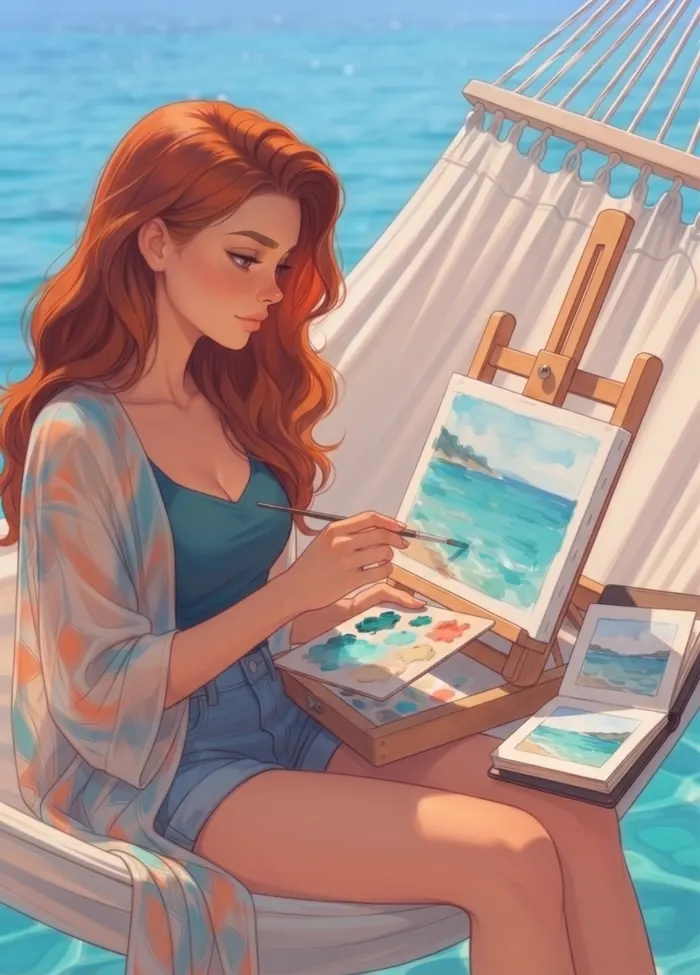 Coraline peint une aquarelle de la mer, assise dans un hamac