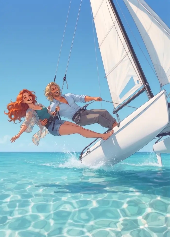 Coraline et l'homme blond au trapèze d'un catamaran lancé au vent
