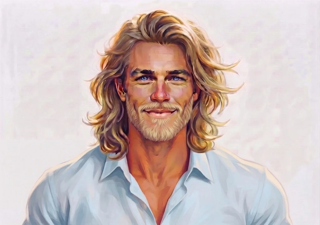 Le Viking, personnage du roman Le Hamac et les Colibris : le viking fiche de reference gros plan barbe blonde.