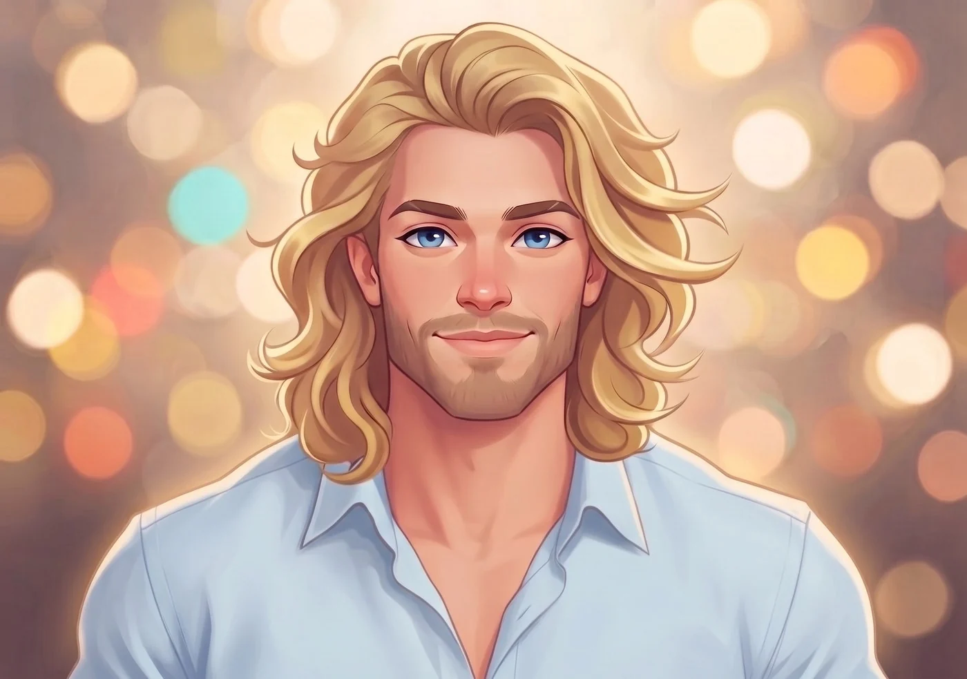 Portrait du Viking, Sverre af Haldorholm, cheveux blonds mi-longs dans la lumière, chemise claire